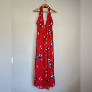 ILLA ILLA Maxi Halter dress with open back & deep V Red Floral